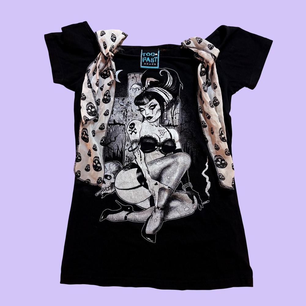 Y2K Too Fast Goth Pinup Girl Graphic Tee Skull Bows Scene #17